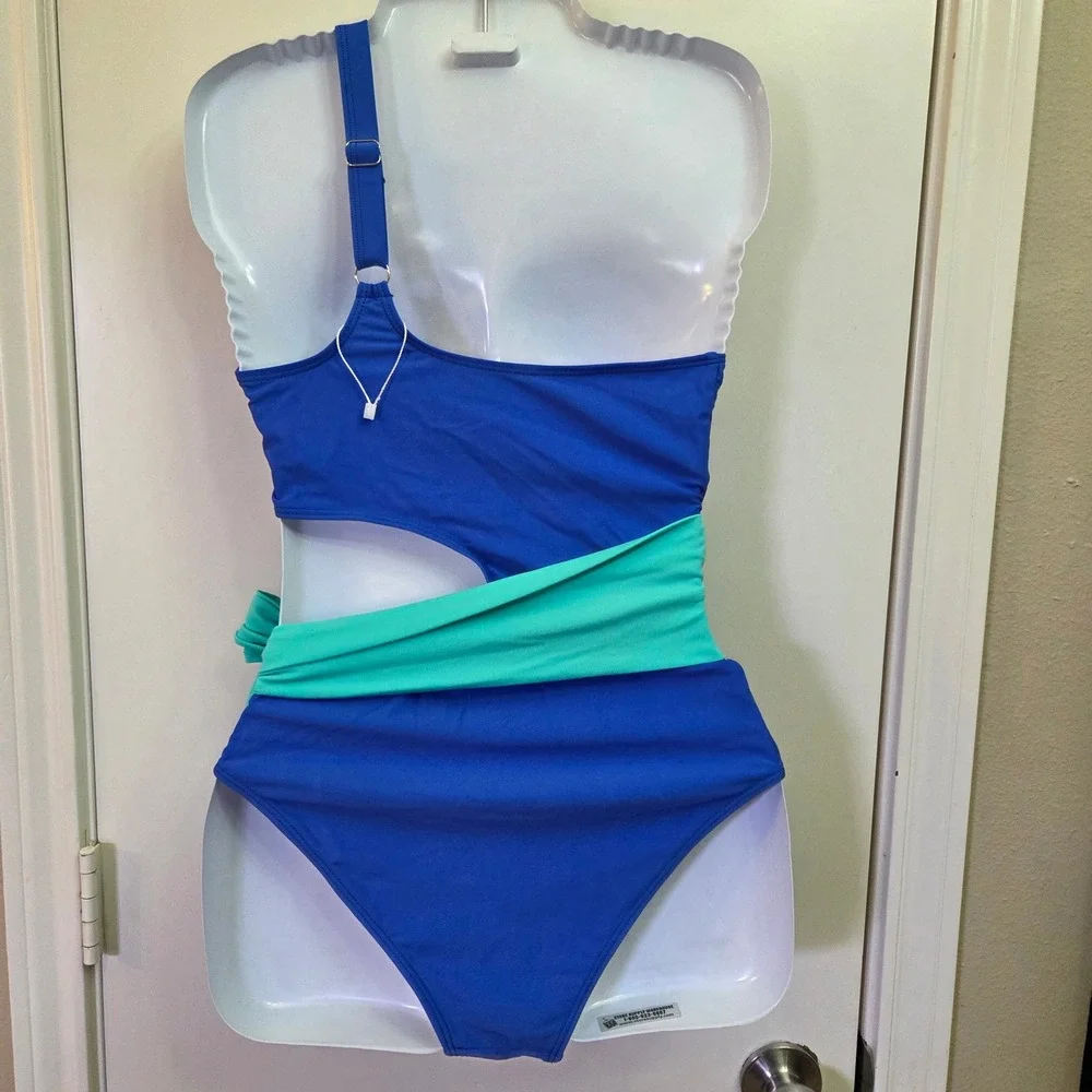 Blue One Shoulder Monokini Cutout Swimsuit with Mint Green Waist Tie Small